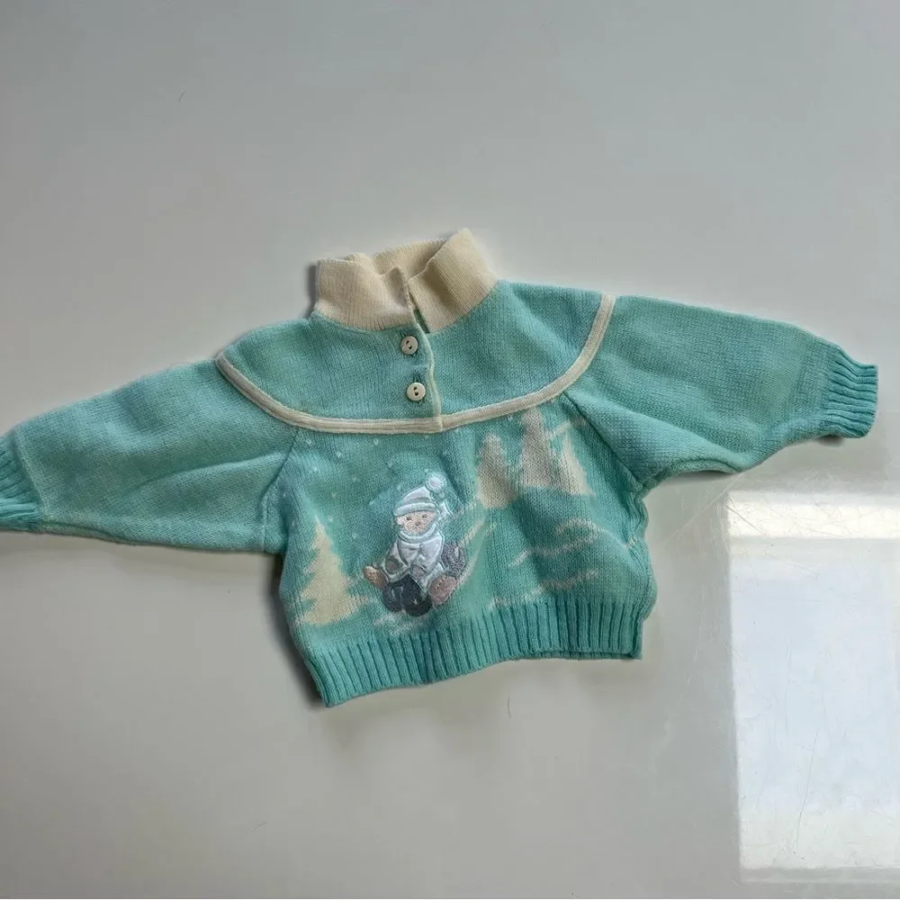 Rad Vintage 1980s Retro Swiss Teddy Bear Sled Apres Ski Twofer Collared Sweater